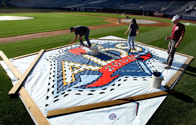 The ALDS logo, painted onto the field at Yankee Stadium on Monday.